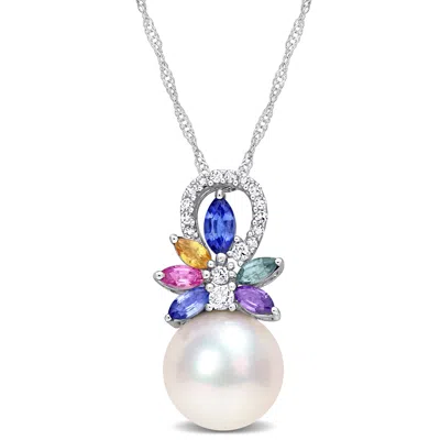 Mimi & Max 9.5-10 Mm Cultured Freshwater Pearl And 4/5 Ct Tgw Multi Sapphire (light Blue, White, Yellow, Pink,
