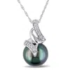 Mimi & Max 9.5-10mm Black Tahitian Cultured Pearl And 1/10ct Tw Diamond Necklace In 10k White Gold In Green