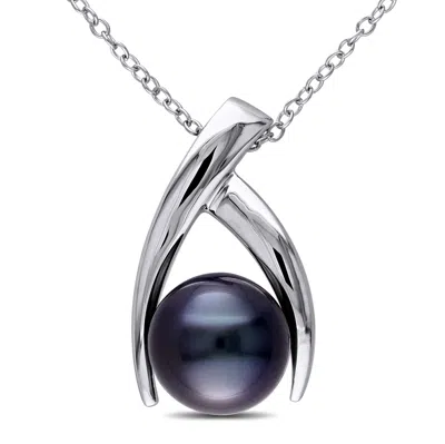 Mimi & Max 9.5-10mm Black Tahitian Pearl Crisscross Necklace In Sterling Silver In Metallic