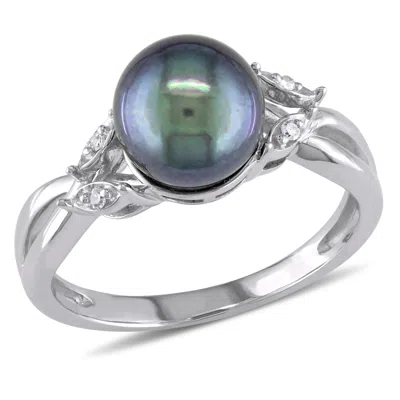 Mimi & Max Black Cultured Freshwater Pearl And Diamond Crossover Ring 10k White Gold