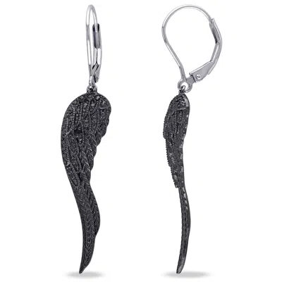 Mimi & Max Black Diamond Leverback Wing Earrings In Sterling Silver With Black Rhodium
