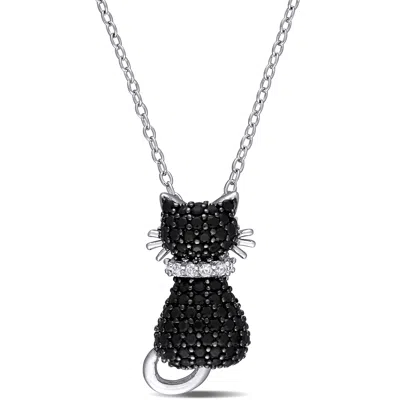 Mimi & Max Black Spinel And Created White Sapphire Kitty Cat Necklace In Sterling Silver