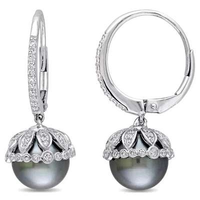 Mimi & Max Black Tahitian Cultured Pearl 1/2ct Tw Diamond Floral Leverback Earrings 14k White Gold In Metallic