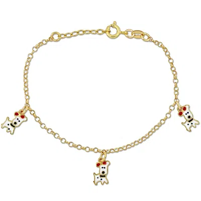 Mimi & Max Children's Enamel Dog Charm On 2mm Rolo Link Chain Station Bracelet In Yellow Silver - 6.