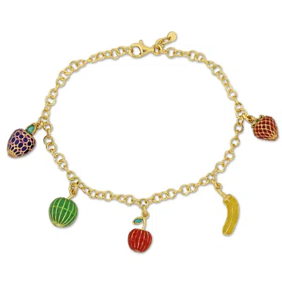 Mimi & Max Kids' Children's Five Fruit Enamel Charm Bracelet In Yellow Plated Sterling Silver - 7.5 In. In Gold