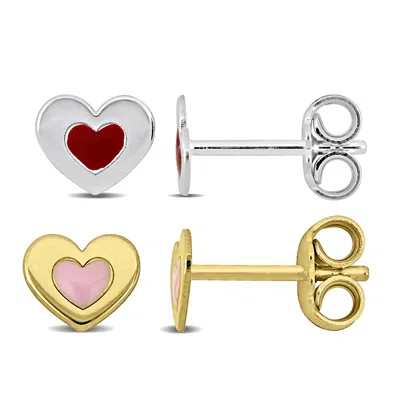Mimi & Max Children's Heart Enamel Stud Earrings 2-piece Set Two-tone White Yellow Plated Sterling Silver In Multi
