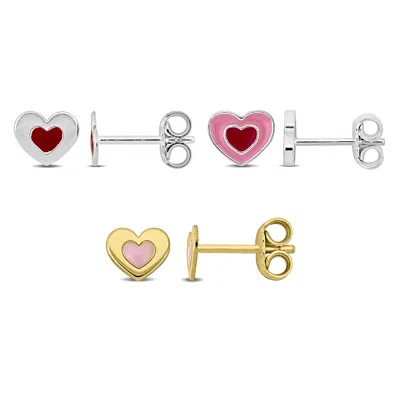 Mimi & Max Children's Heart Enamel Stud Earrings 3-piece Set White Yellow Plated Sterling Silver In Multi