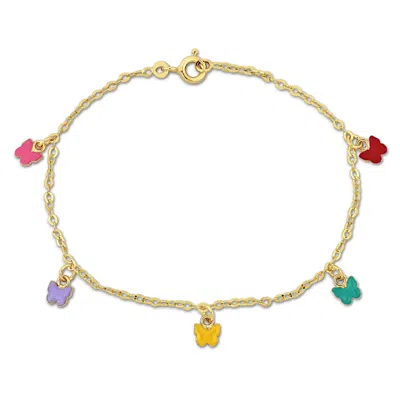 Mimi & Max Children's Multi-color Enamel Butterfly Charm Rolo Chain Bracelet In 14k Yellow Gold - 6+ In Blue