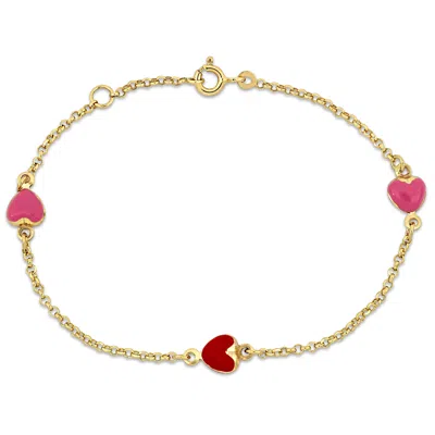 Mimi & Max Kids' Children's Pink And Red Enamel Heart Charm Rolo Chain Link Bracelet In 14k Yellow Gold - 6.5+0.5 In.