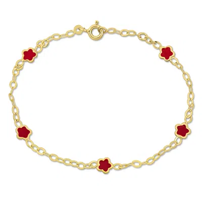 Mimi & Max Kids' Children's Pink Enamel Flower Charm Station Bracelet In 14k Yellow Gold - 7 In.