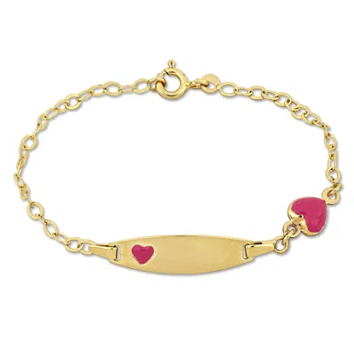 Mimi & Max Children's Pink Enamel Heart Charm Link Chain Id Bracelet In 14k Yellow Gold - 6.5+0.5 In In Red