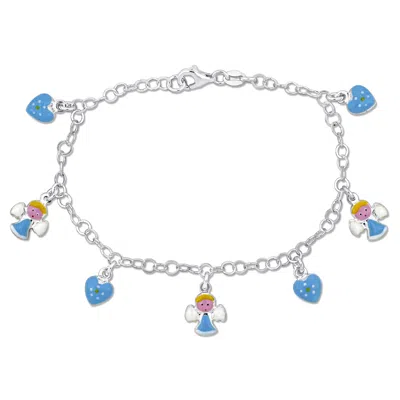 Mimi & Max Kids' Children's White And Blue Enamel Angel And Heart Charm Station Bracelet In Sterling Silver - 7.5 In. In Metallic