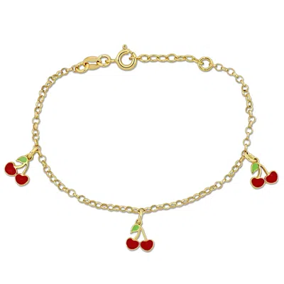 Mimi & Max Kids' Children's White And Red Enamel Cherry Charm Link Bracelet In Yellow Plated Sterling Silver - 6.5+1  In Gold