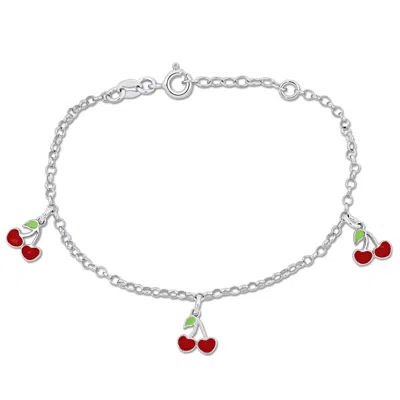 Mimi & Max Children's White And Red Enamel Cherry Charm Rolo Chain Bracelet In Sterling Silver - 6.5