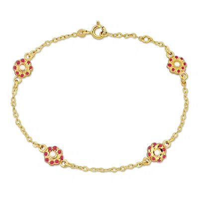 Mimi & Max Children's White Enamel Rolo Chain Link Station Bracelet In 14k Yellow Gold - 6.5+0.5 In. In Pink