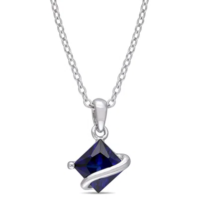 Mimi & Max Created Blue Sapphire Square Necklace In Sterling Silver In Metallic