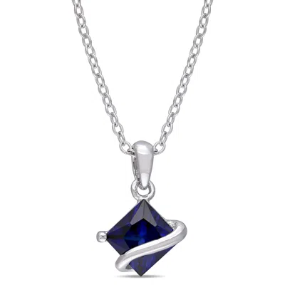 Mimi & Max Created Blue Sapphire Square Necklace In Sterling Silver