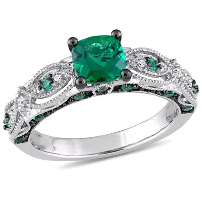 Mimi & Max Created Emerald And Diamond Vintage Ring 10k White Gold In Green