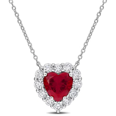 Mimi & Max Created Gemstone And Lab Grown Diamond Halo Necklace - 17in In Red