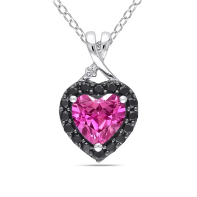Mimi & Max Created Pink Sapphire, Black Spinel And Diamond Heart Necklace In Sterling Silver