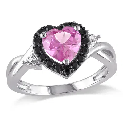 Mimi & Max Created Pink Sapphire, Black Spinel And Diamond Heart Ring In Sterling Silver In Multi