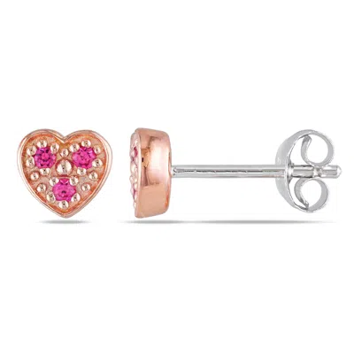 Mimi & Max Created Pink Sapphire Children's Heart Stud Earrings In Rose Silver