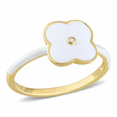 Mimi & Max Created White Sapphire Floral White Enamel Ring In Yellow Plated Sterling Silver In Gold
