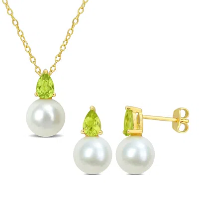 Mimi & Max Cultured Freshwater Pearl 1 1/4ct Tgw Peridot Jewelry Set Yellow Plated Sterling Silver In Green