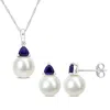 Mimi & Max Cultured Freshwater Pearl 1 1/5ct Tgw Created Blue Sapphire Jewelry Set 10k White Gold In Blue