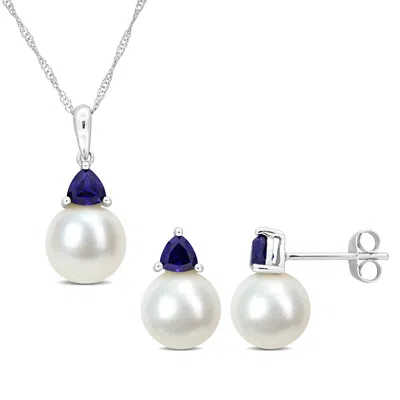 Mimi & Max Cultured Freshwater Pearl 1 1/5ct Tgw Created Blue Sapphire Jewelry Set 10k White Gold