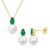 Mimi & Max Cultured Freshwater Pearl 1 1/5ct Tgw Created Emerald Jewelry Set Yellow Silver In Green