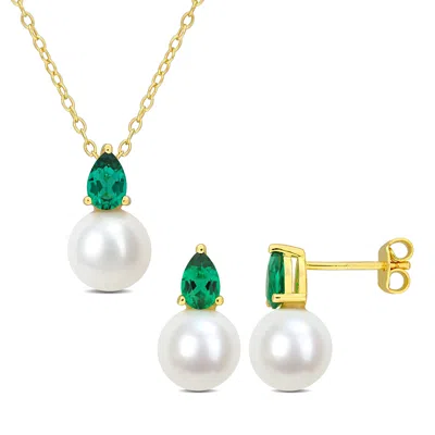 Mimi & Max Cultured Freshwater Pearl 1 1/5ct Tgw Created Emerald Jewelry Set Yellow Silver In Green