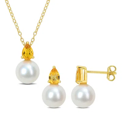 Mimi & Max Cultured Freshwater Pearl 1 1/6ct Tgw Citrine Jewelry Set Yellow Plated Sterling Silver In Gold