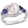 Mimi & Max Cultured Freshwater Pearl 1 1/6ct Tgw Created Blue White Sapphire Ring 10k White Gold In Multi