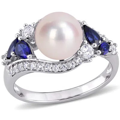 Mimi & Max Cultured Freshwater Pearl 1 1/6ct Tgw Created Blue White Sapphire Ring 10k White Gold In Multi