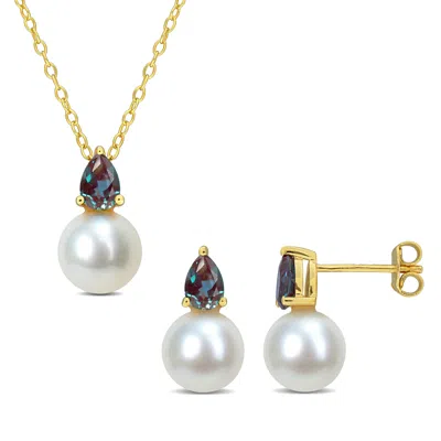 Mimi & Max Cultured Freshwater Pearl 1 4/5ct Tgw Created Alexandrite Jewelry Set Yellow Silver In Gold