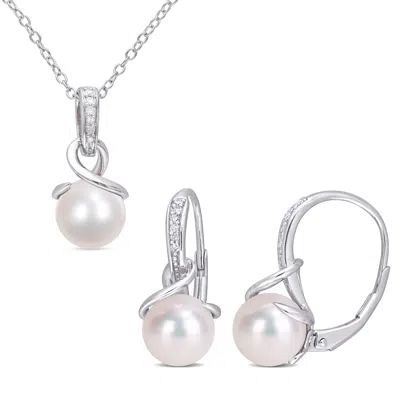 Mimi & Max Cultured Freshwater Pearl 1/10ct Tdw Diamond Jewelry Set Sterling Silver In White
