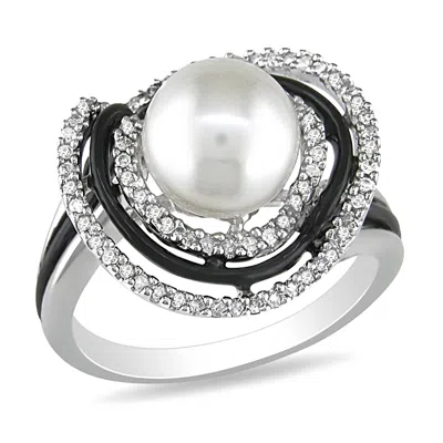 Mimi & Max Cultured Freshwater Pearl 1/4ct Tdw Diamond Halo Ring Sterling Silver In White
