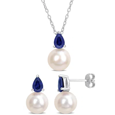 Mimi & Max Cultured Freshwater Pearl 2ct Tgw Created Blue Sapphire Jewelry Set Sterling Silver In Metallic
