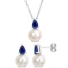 Mimi & Max Cultured Freshwater Pearl 2ct Tgw Created Blue Sapphire Jewelry Set Sterling Silver In Multi
