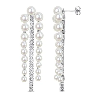 Mimi & Max Cultured Freshwater Pearl 3 4/5ct Tgw Created White Sapphire Earrings Sterling Silver In Metallic