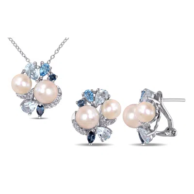 Mimi & Max Cultured Freshwater Pearl 4 7/8ct Tgw Created White Sapphire Blue Topaz Jewelry Set Sterling Silver In Multi