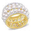 Mimi & Max Cultured Freshwater Pearl And 1 3/5ct Tgw Created White Sapphire Triple Row Ring In Yellow Silver