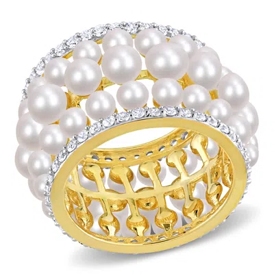 Mimi & Max Cultured Freshwater Pearl And 1 3/5ct Tgw Created White Sapphire Triple Row Ring In Yellow Silver In Multi