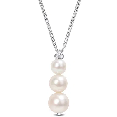 Mimi & Max Cultured Freshwater Pearl And 1/10ct Tgw White Topaz Graduated Pendant With Chain In Sterling Silver