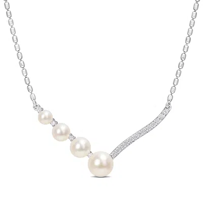Mimi & Max Cultured Freshwater Pearl And 1/3ct Tgw Created White Sapphire Necklace In Sterling Silver