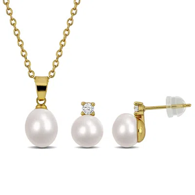 Mimi & Max Cultured Freshwater Pearl Necklace And Earring Set Yellow Or White Brass In Gold