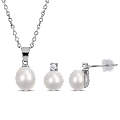 Mimi & Max Cultured Freshwater Pearl Necklace And Earring Set Yellow Or White Brass In Silver
