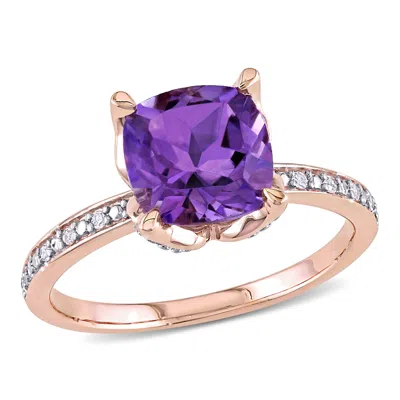 Mimi & Max Cushion-cut Amethyst And Diamond Ring 10k Rose Gold In Purple