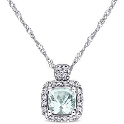 Mimi & Max Cushion Cut Aquamarine And 1/10ct Tw Diamond Necklace In 10k White Gold In Green